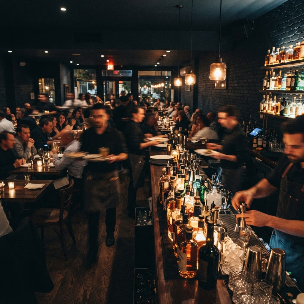 Busy restaurant and bar service floor at night with warm amber lighting