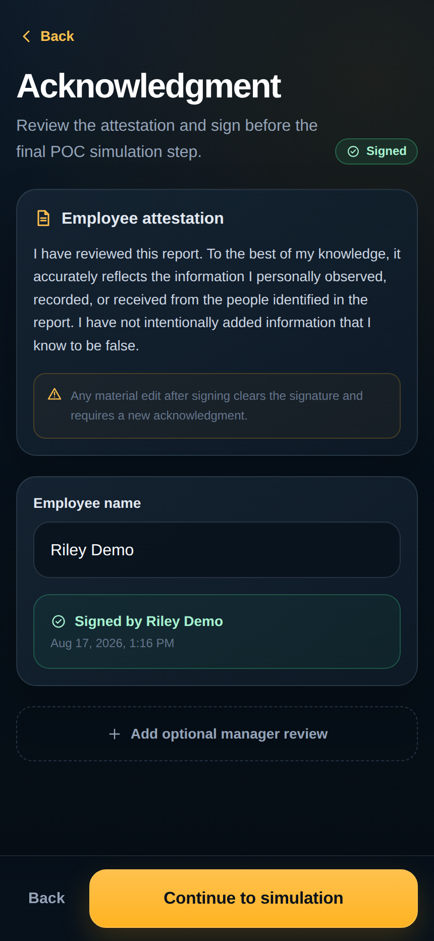 Acknowledgment screen with signed attestation