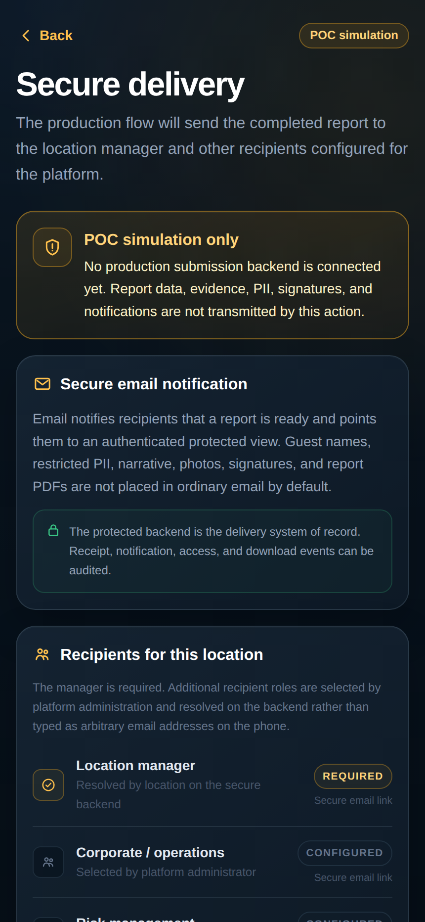 Secure delivery screen describing protected recipient access