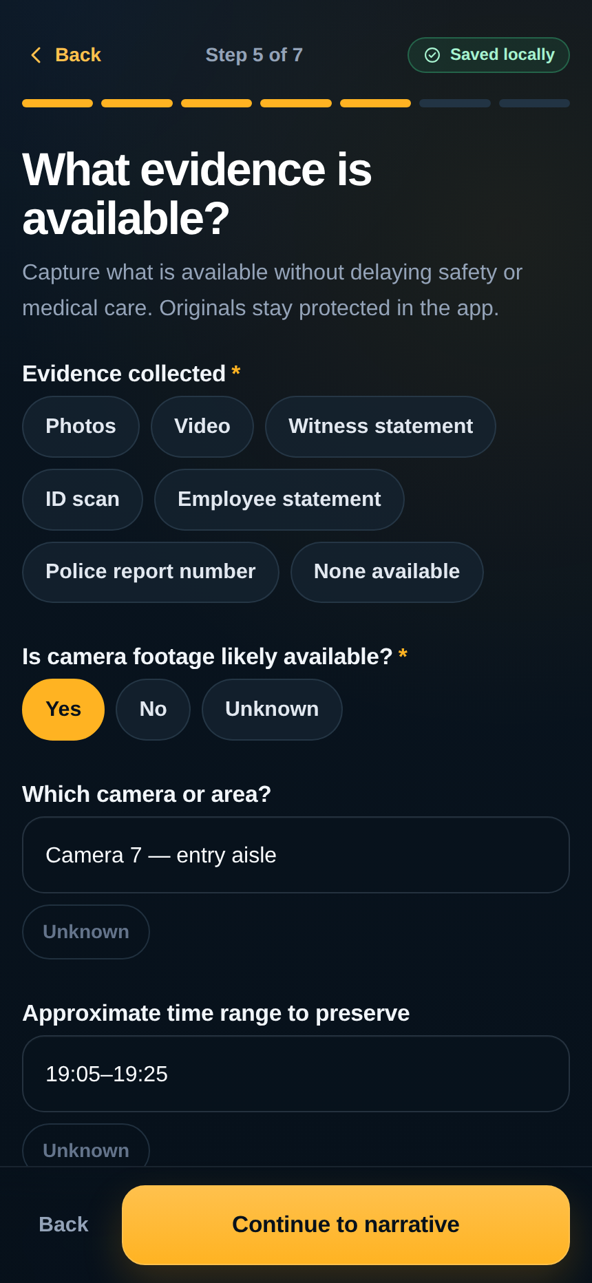 Loss Lens evidence collection screen with photo, video, and witness statement options