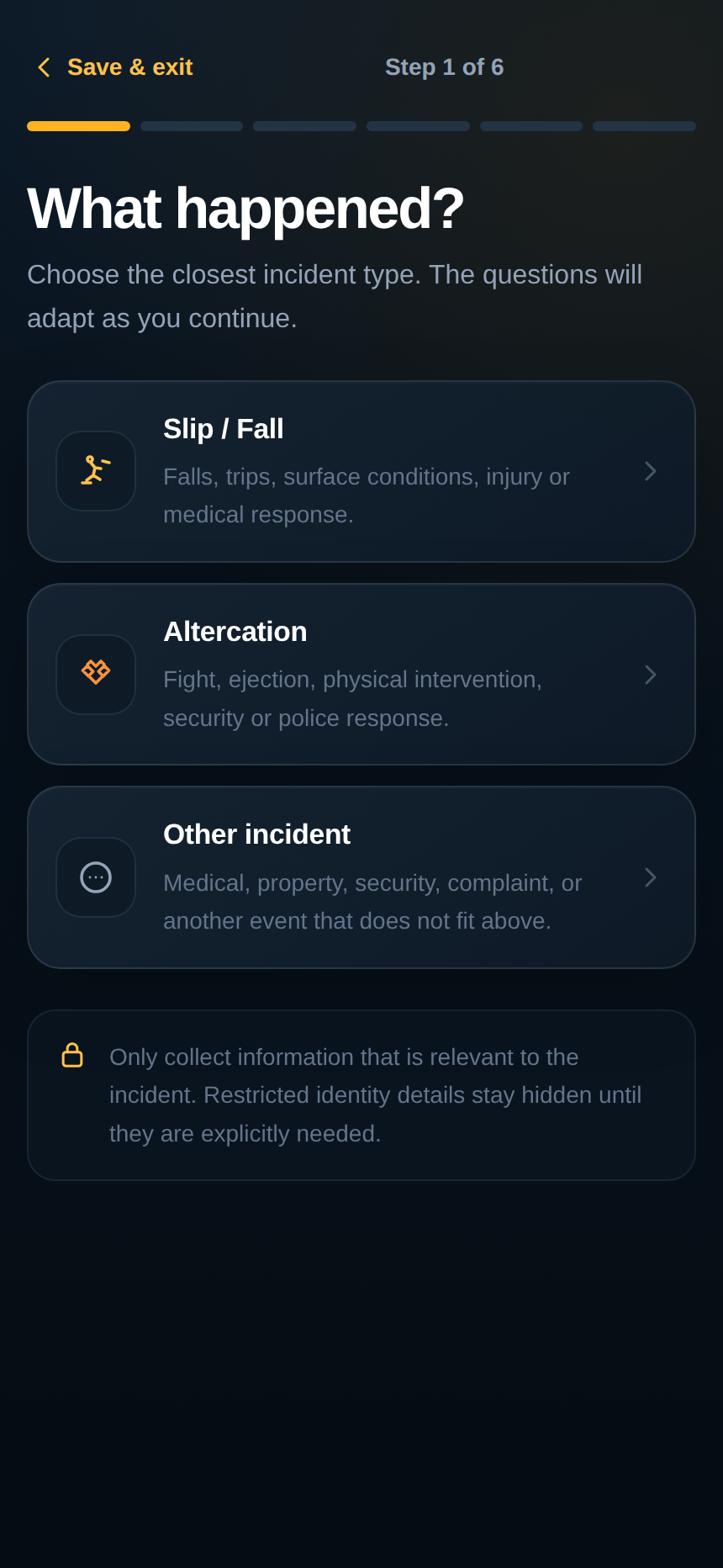 Loss Lens incident type selection screen showing Slip / Fall, Altercation, and Other incident options