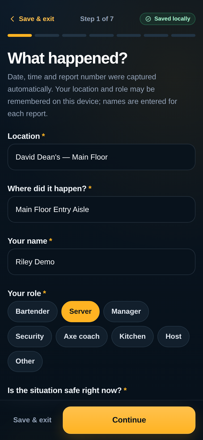 Loss Lens report step showing incident location, name, and role fields